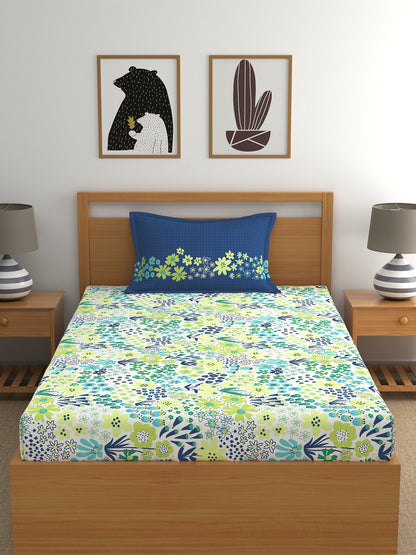 Home Ecstasy 100% Cotton Floral Bedsheet Set | 180 TC | Blue