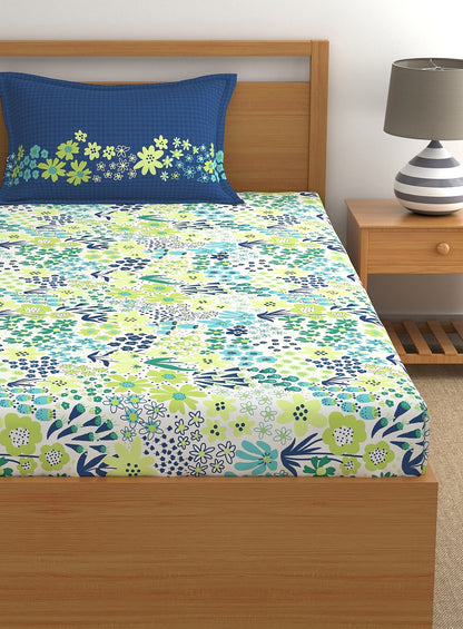 Home Ecstasy 100% Cotton Floral Bedsheet Set | 180 TC | Blue