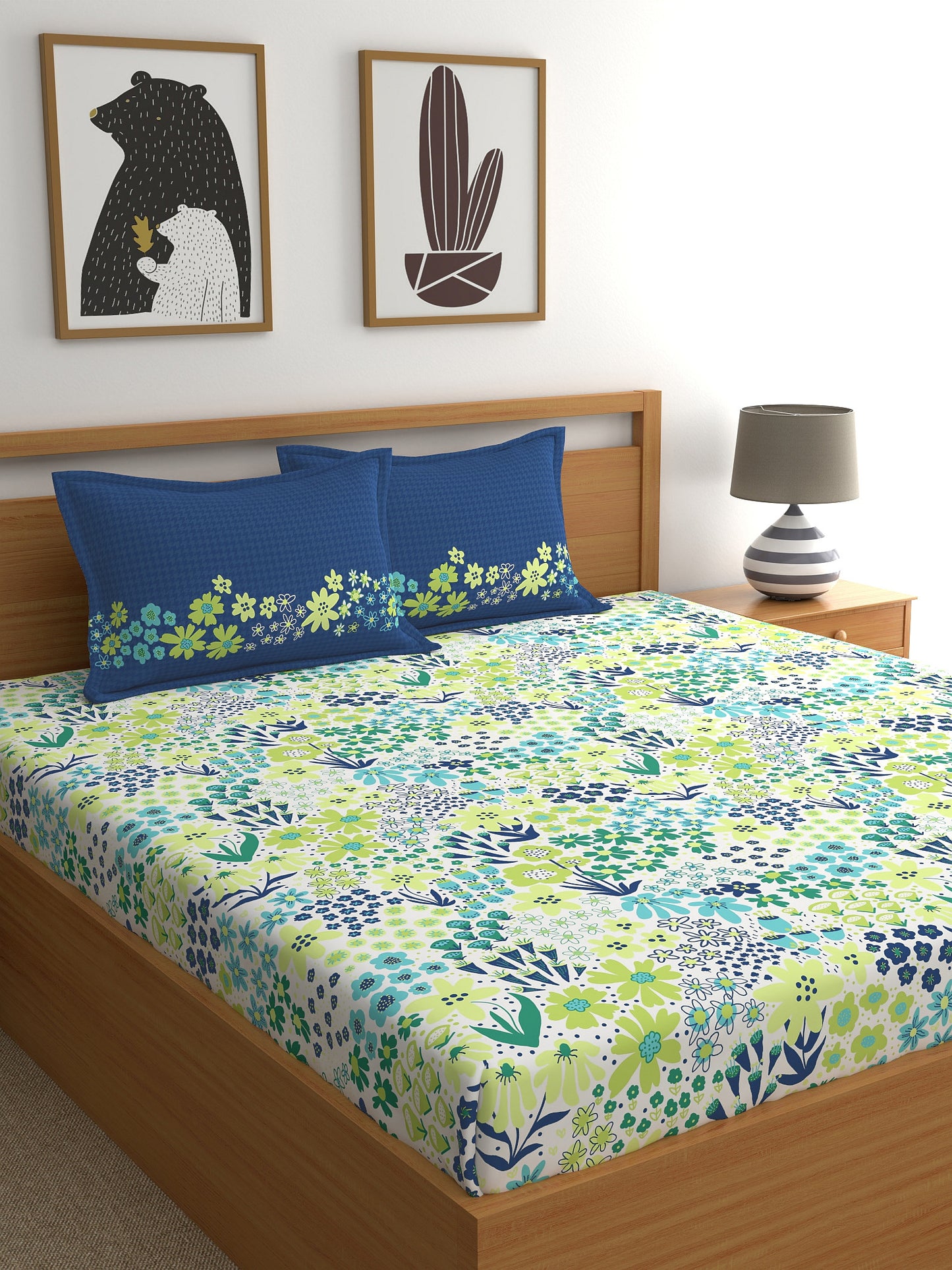 Home Ecstasy 100% Cotton Floral Bedsheet Set | 180 TC | Blue