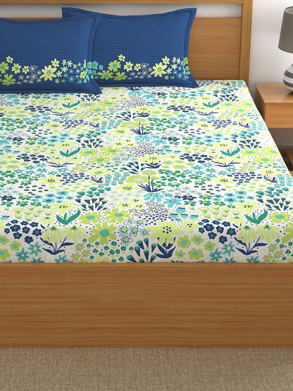 Home Ecstasy 100% Cotton Floral Bedsheet Set | 180 TC | Blue