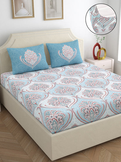 Dreamscape 100% Cotton Ethnic Bedsheet Set | 200 TC | Blue