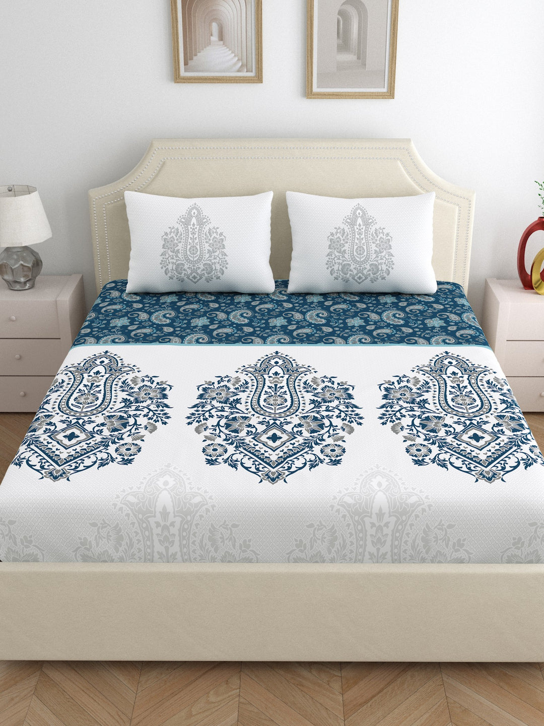 Dreamscape 100% Cotton Ethnic Bedsheet Set | 200 TC | Deep Blue