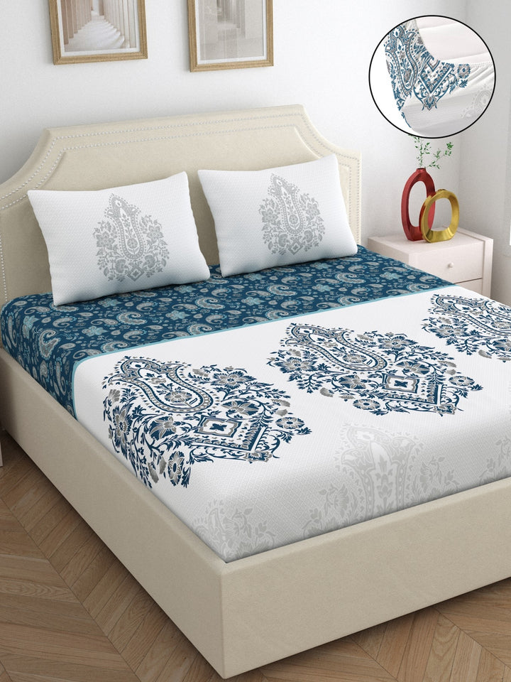 Dreamscape 100% Cotton Ethnic Bedsheet Set | 200 TC | Deep Blue