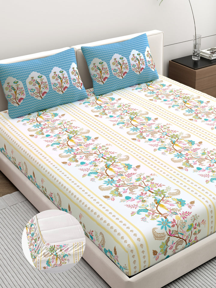 Dreamscape 100% Cotton Ethnic Bedsheet Set | 200 TC | Blue