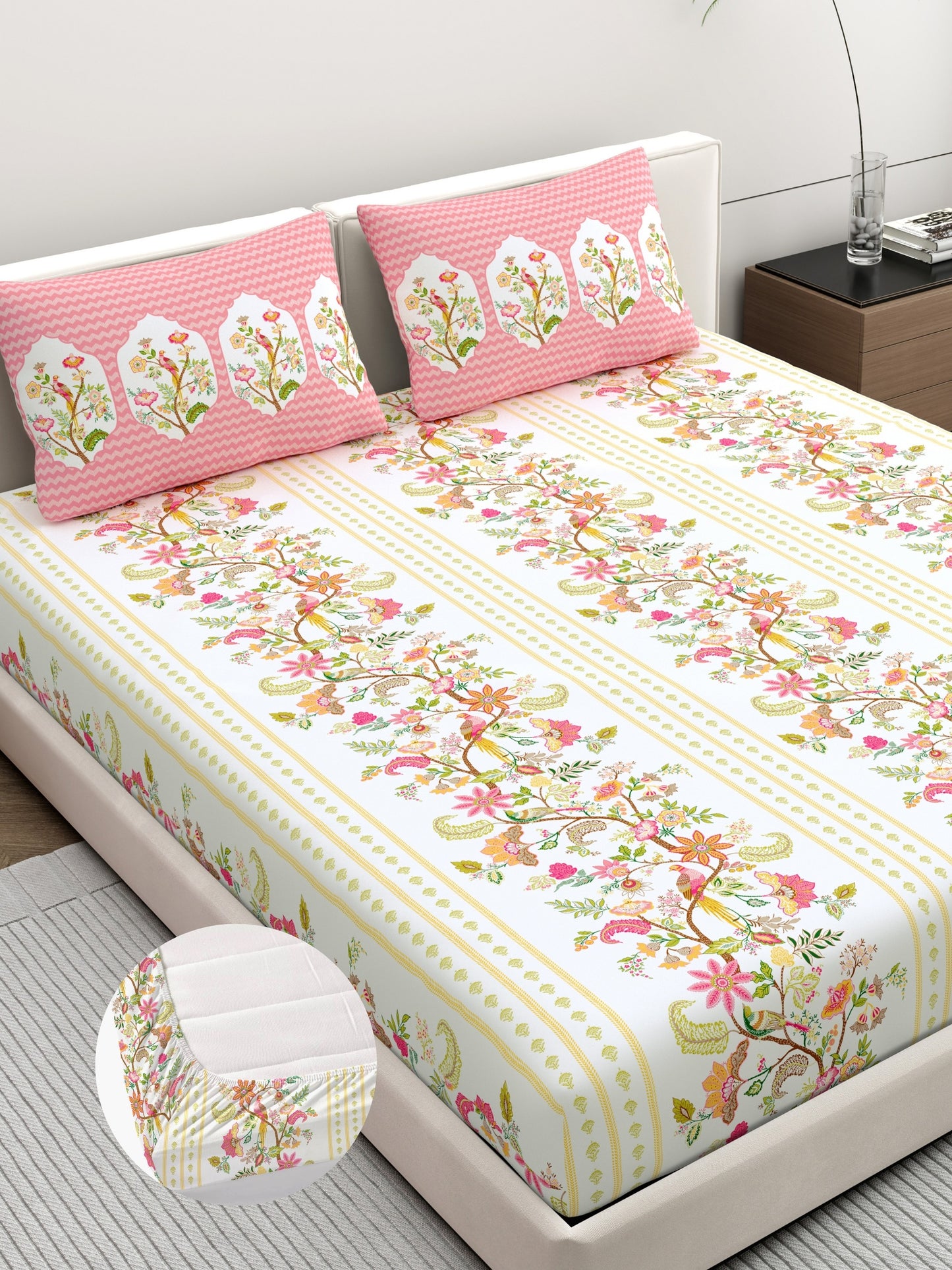 Dreamscape 100% Cotton Floral Bedsheet Set | 200 TC | Pink