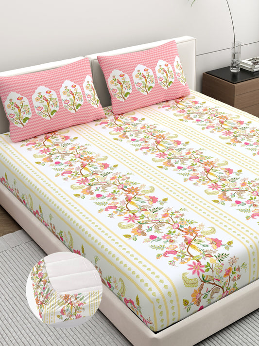 Dreamscape 100% Cotton Floral Bedsheet Set | 200 TC | Pink