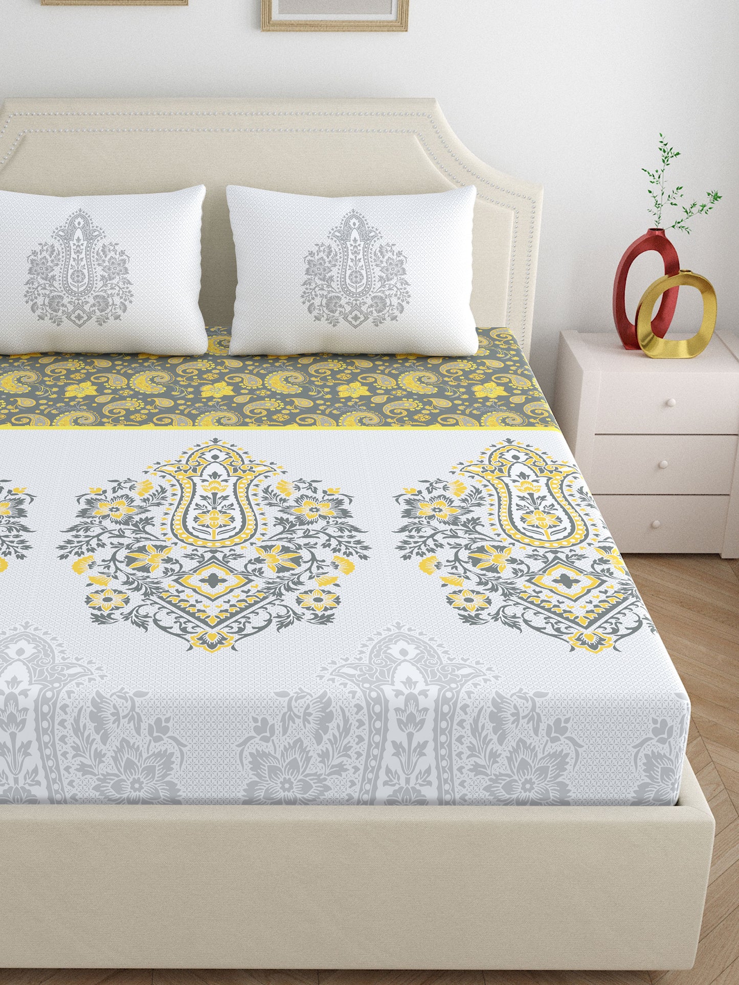 Dreamscape 100% Cotton 200 TC Ethnic Bedsheet Set - Colour: Grey