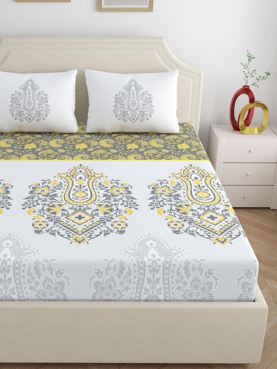 Dreamscape 100% Cotton Ethnic Bedsheet Set | 200 TC | Grey