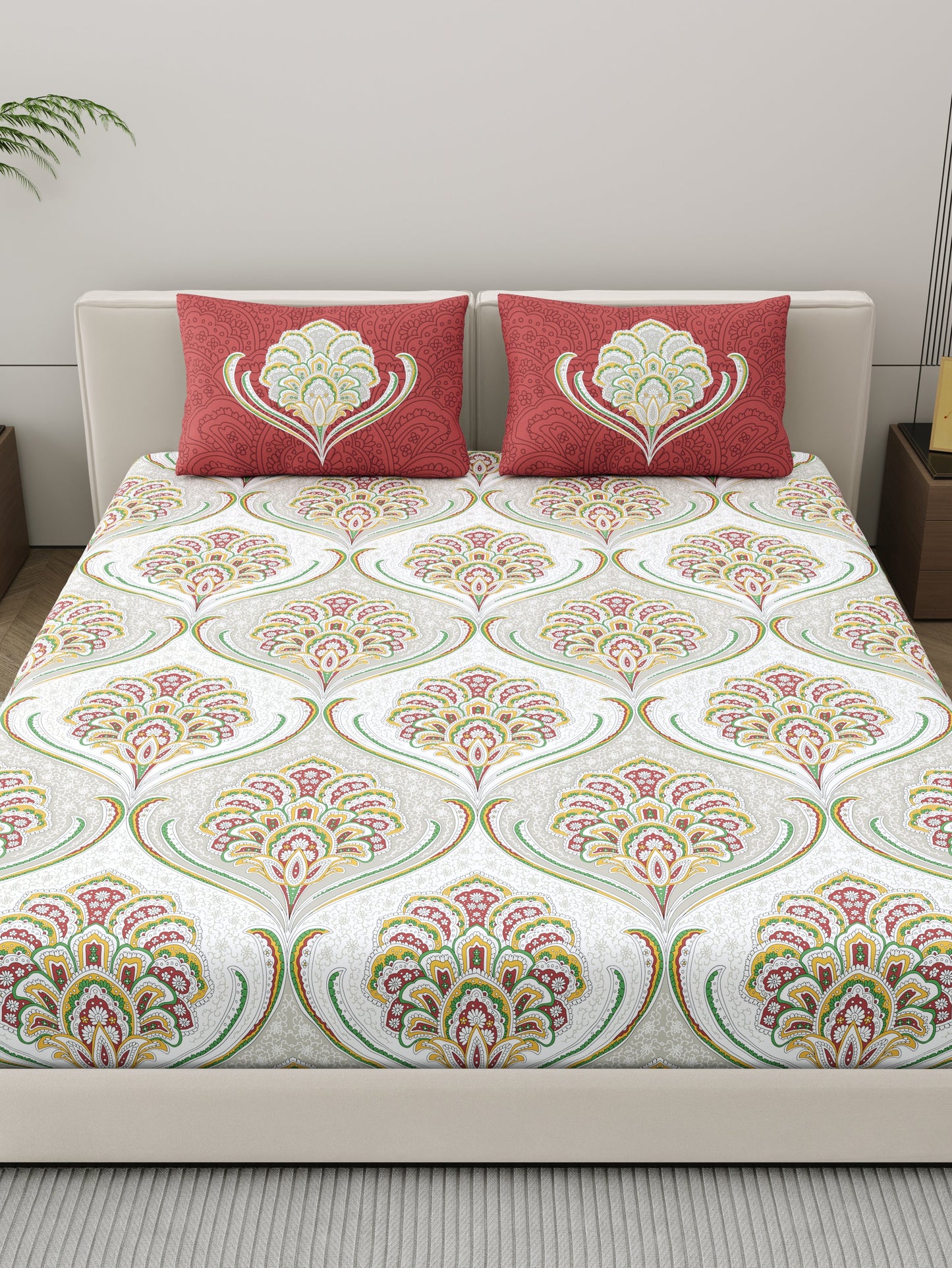 Dreamscape 100% Cotton Ethnic Bedsheet Set | 200 TC | Red