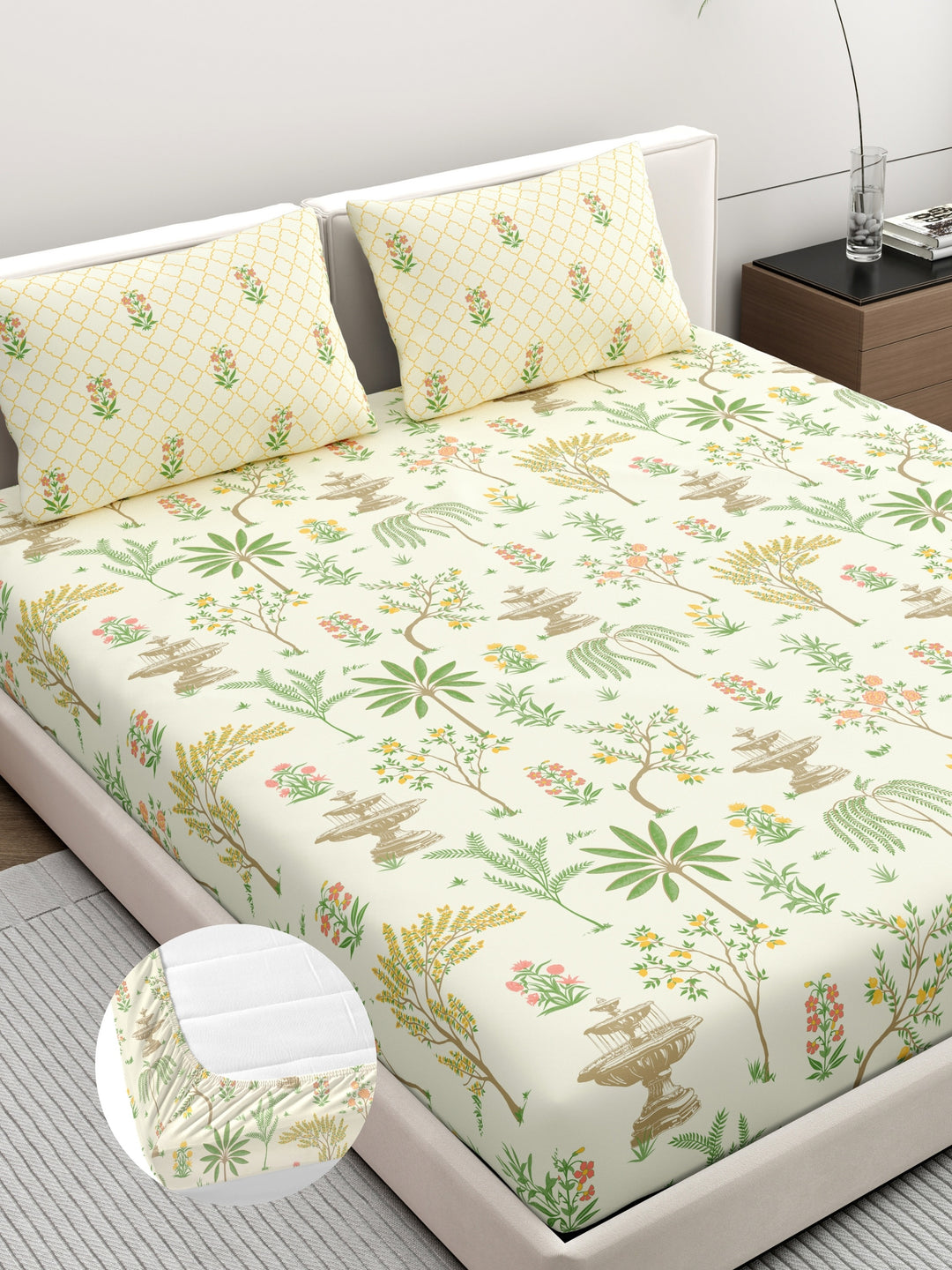 Dreamscape 100% Cotton Ethnic Bedsheet Set | 200 TC | Cream