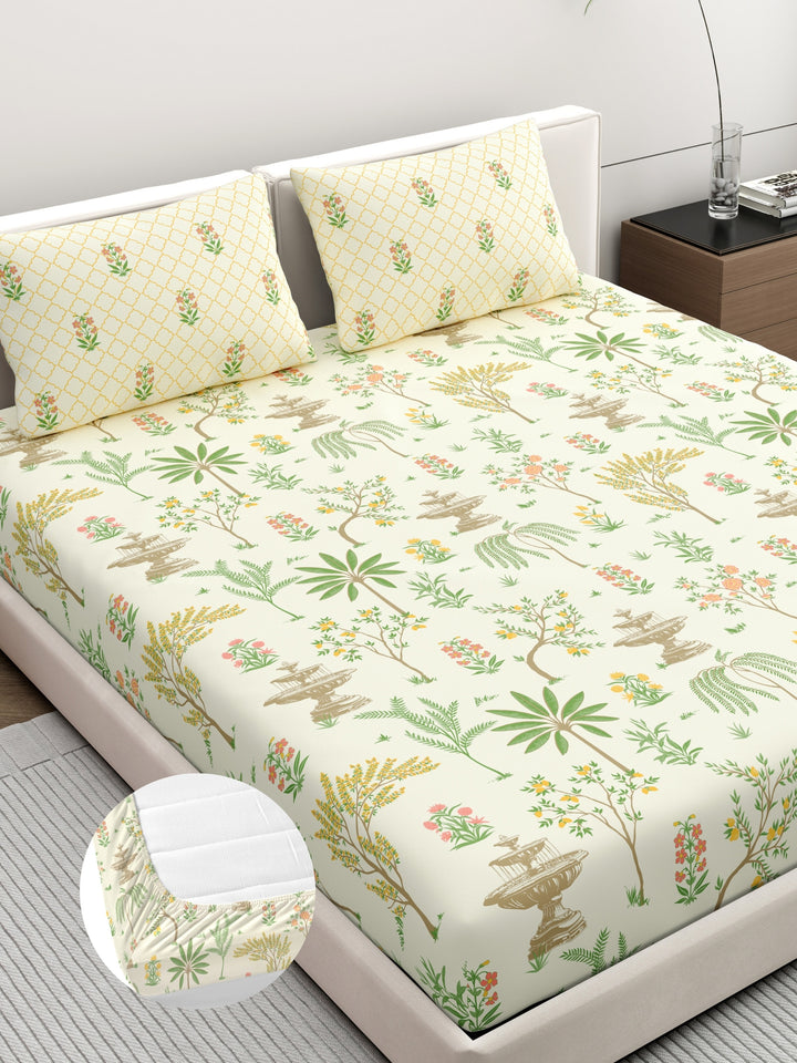 Dreamscape 100% Cotton Ethnic Bedsheet Set | 200 TC | Cream