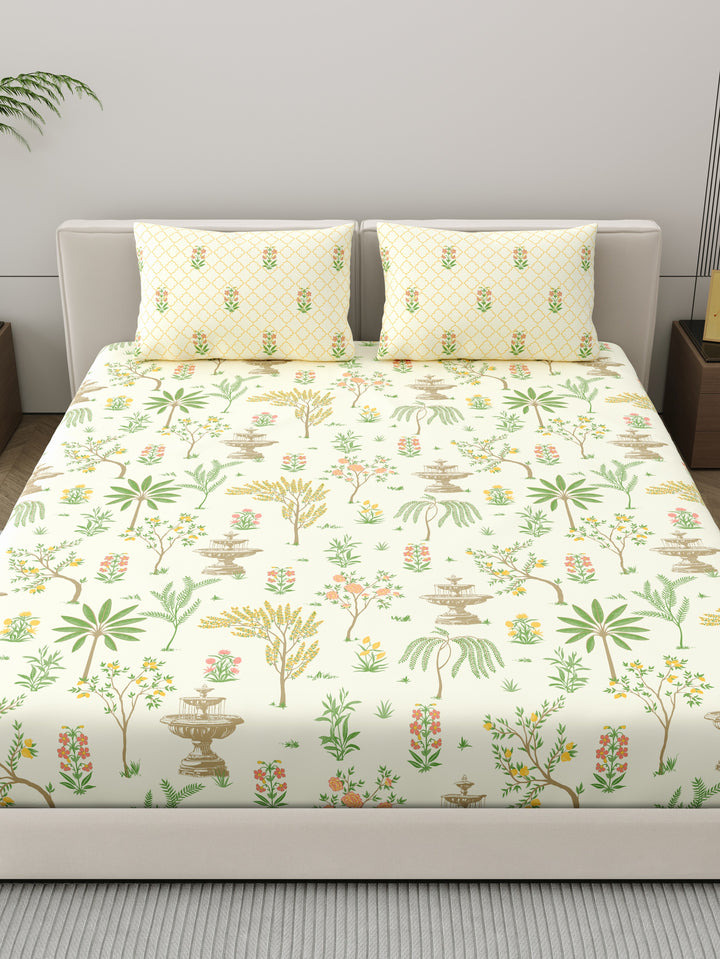Dreamscape 100% Cotton Ethnic Bedsheet Set | 200 TC | Cream