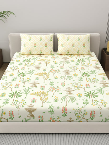 Dreamscape 100% Cotton 200 TC Ethnic Bedsheet Set - Colour: Cream