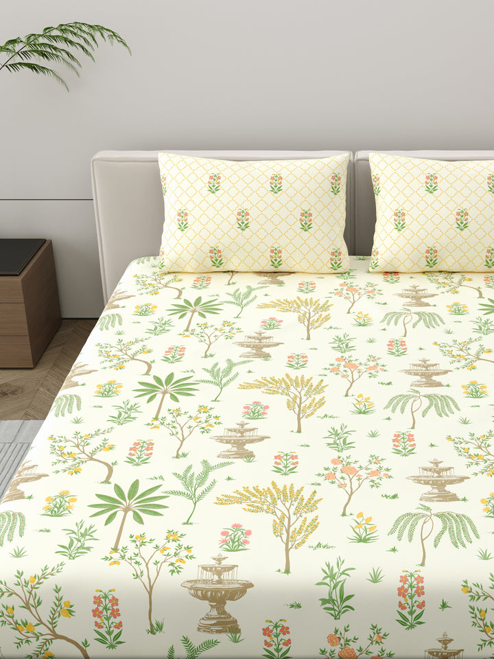 Dreamscape 100% Cotton Ethnic Bedsheet Set | 200 TC | Cream