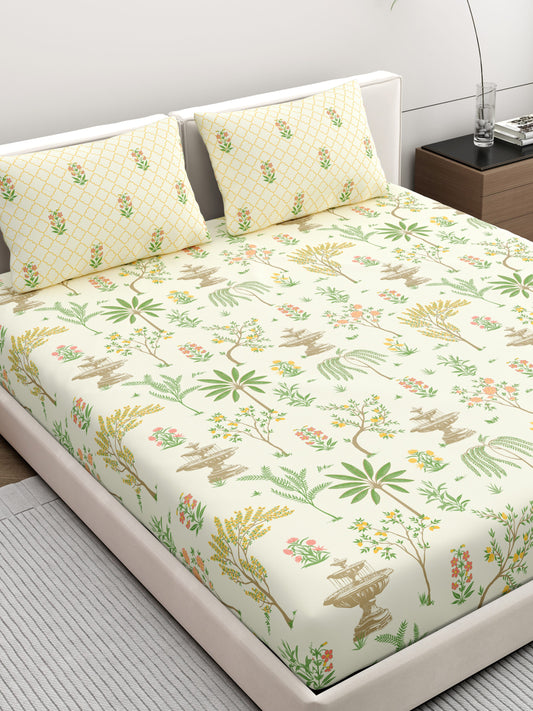Dreamscape 100% Cotton Ethnic Bedsheet Set | 200 TC | Cream