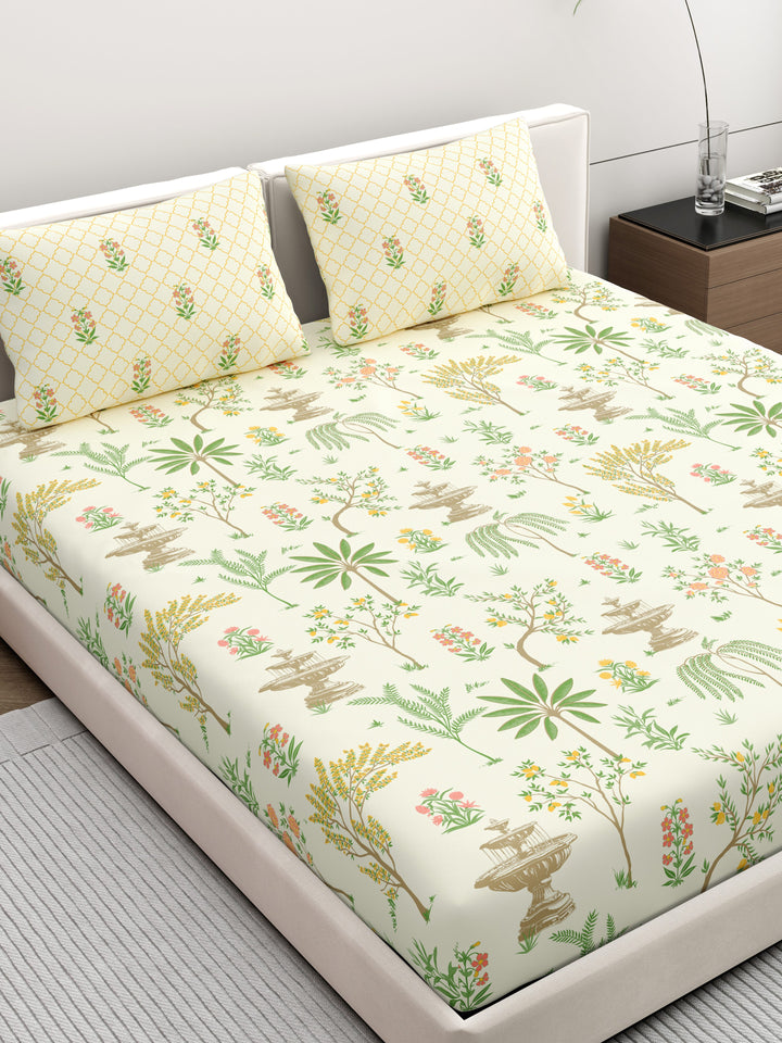 Dreamscape 100% Cotton Ethnic Bedsheet Set | 200 TC | Cream