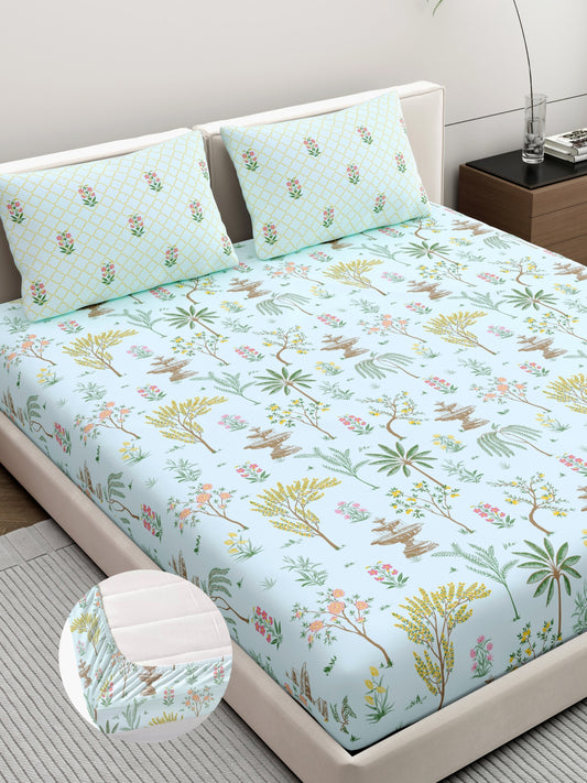 Dreamscape 100% Cotton 200 TC Ethnic Bedsheet Set - Colour: Sea Green