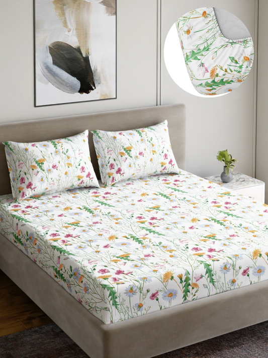 Dreamscape 100% Cotton 180 TC Floral Bedsheet Set - Colour: Pink