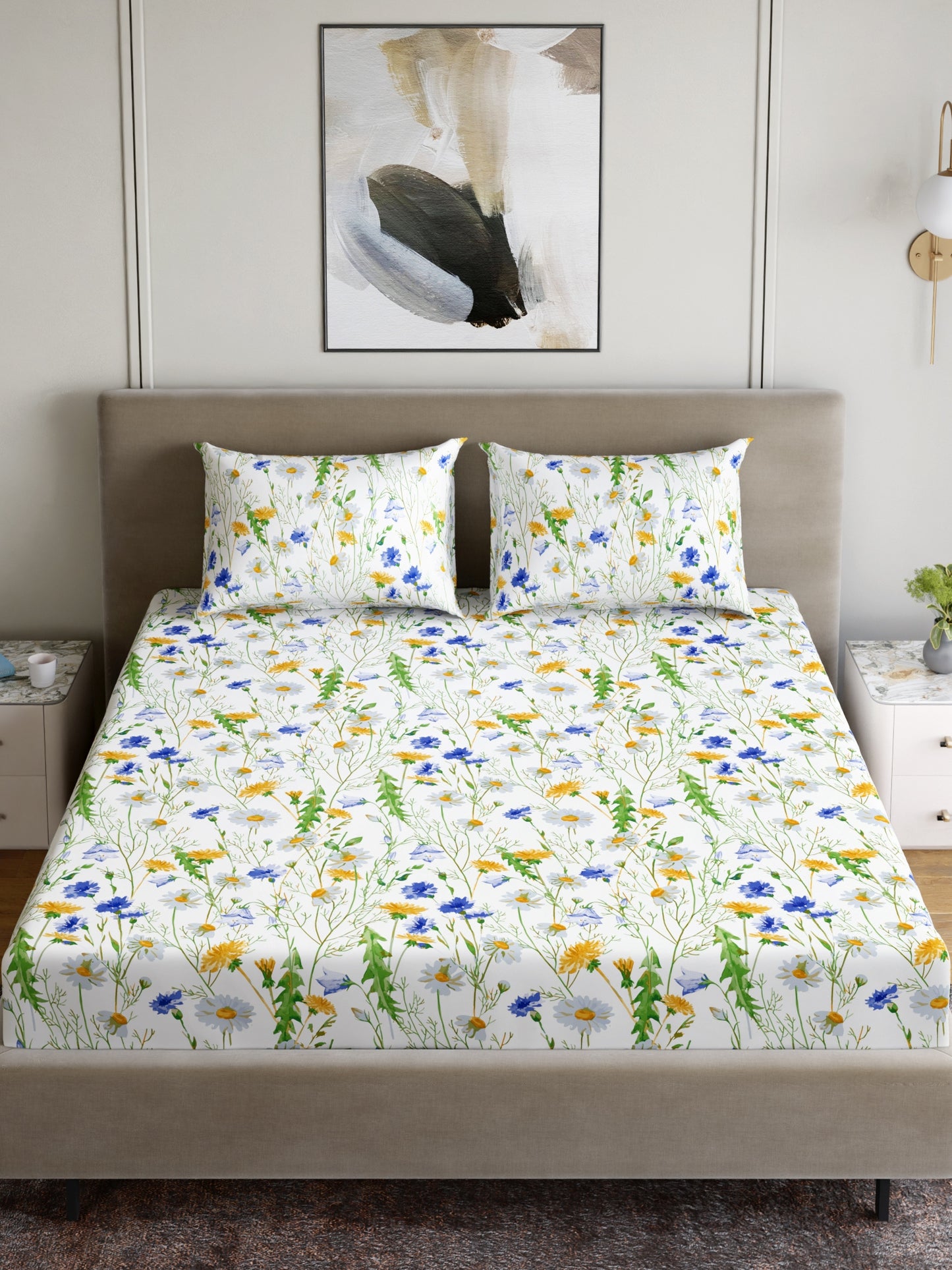 Dreamscape 100% Cotton 180 TC Floral Bedsheet Set - Colour: Blue