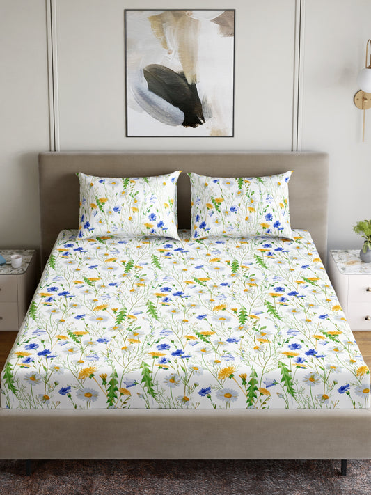 Dreamscape 100% Cotton 180 TC Floral Bedsheet Set - Colour: Blue