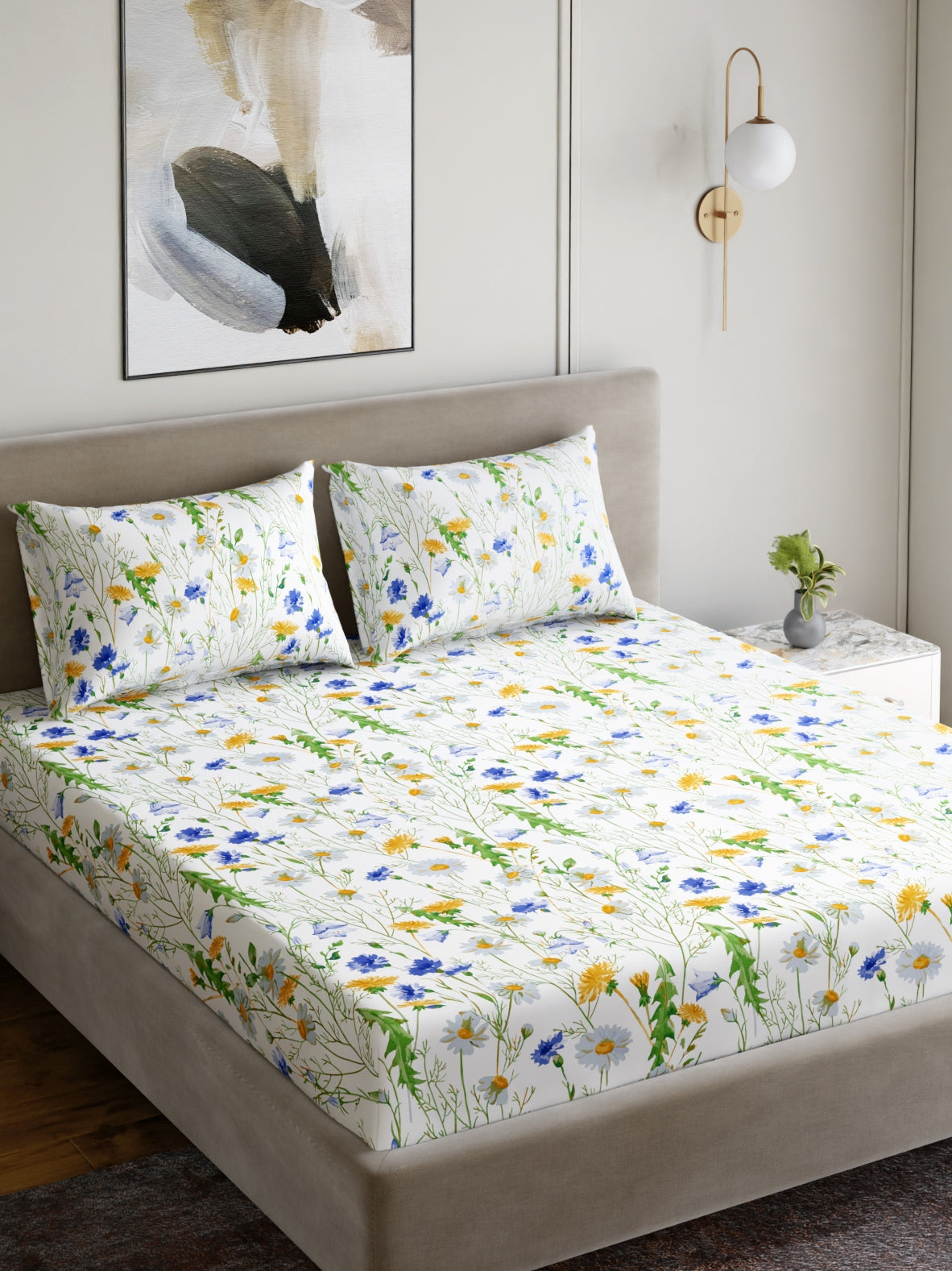 Dreamscape 100% Cotton 180 TC Floral Bedsheet Set - Colour: Blue