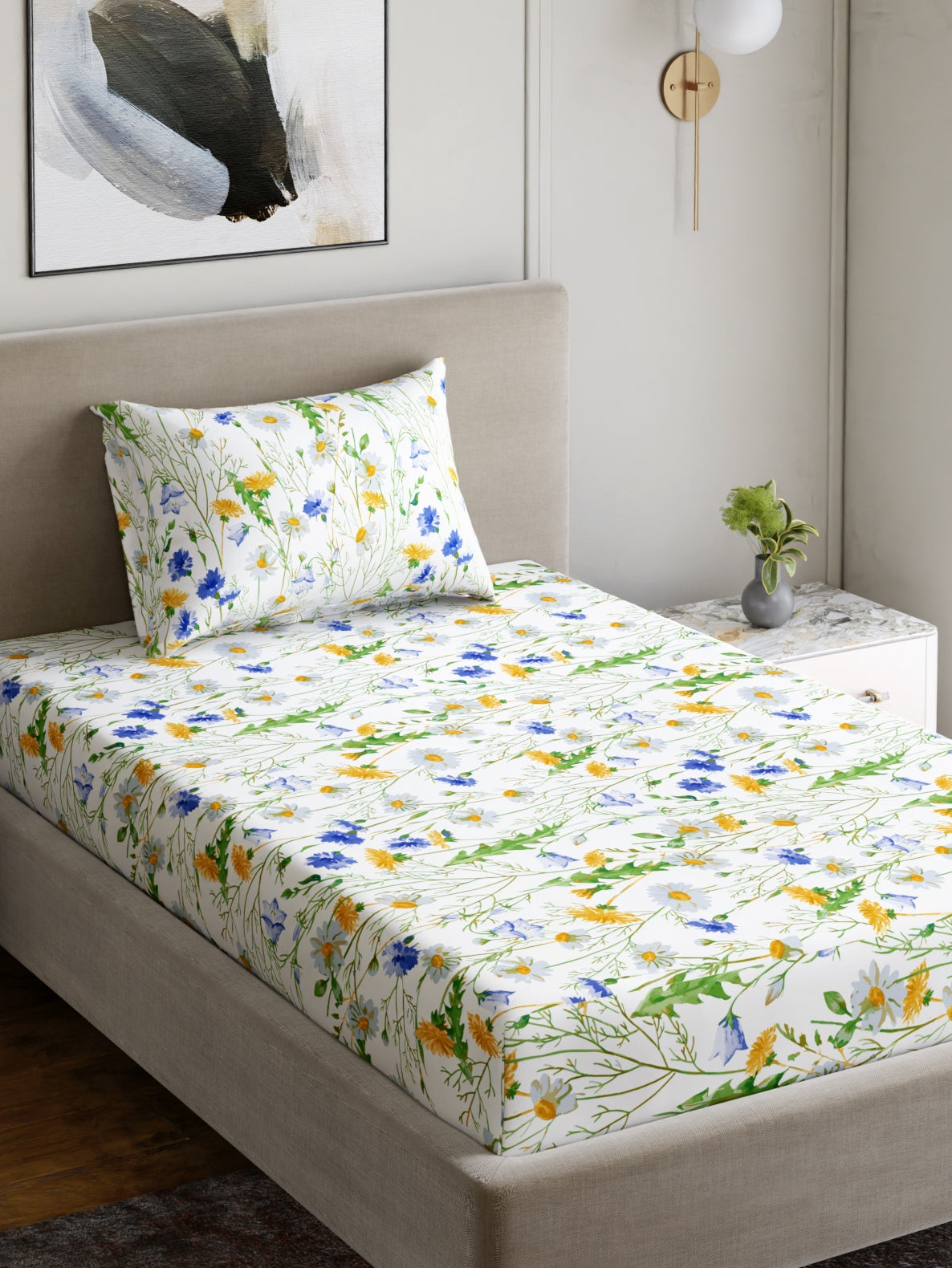 Dreamscape 100% Cotton 180 TC Floral Bedsheet Set - Colour: Blue
