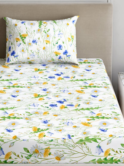 Dreamscape 100% Cotton 180 TC Floral Bedsheet Set - Colour: Blue