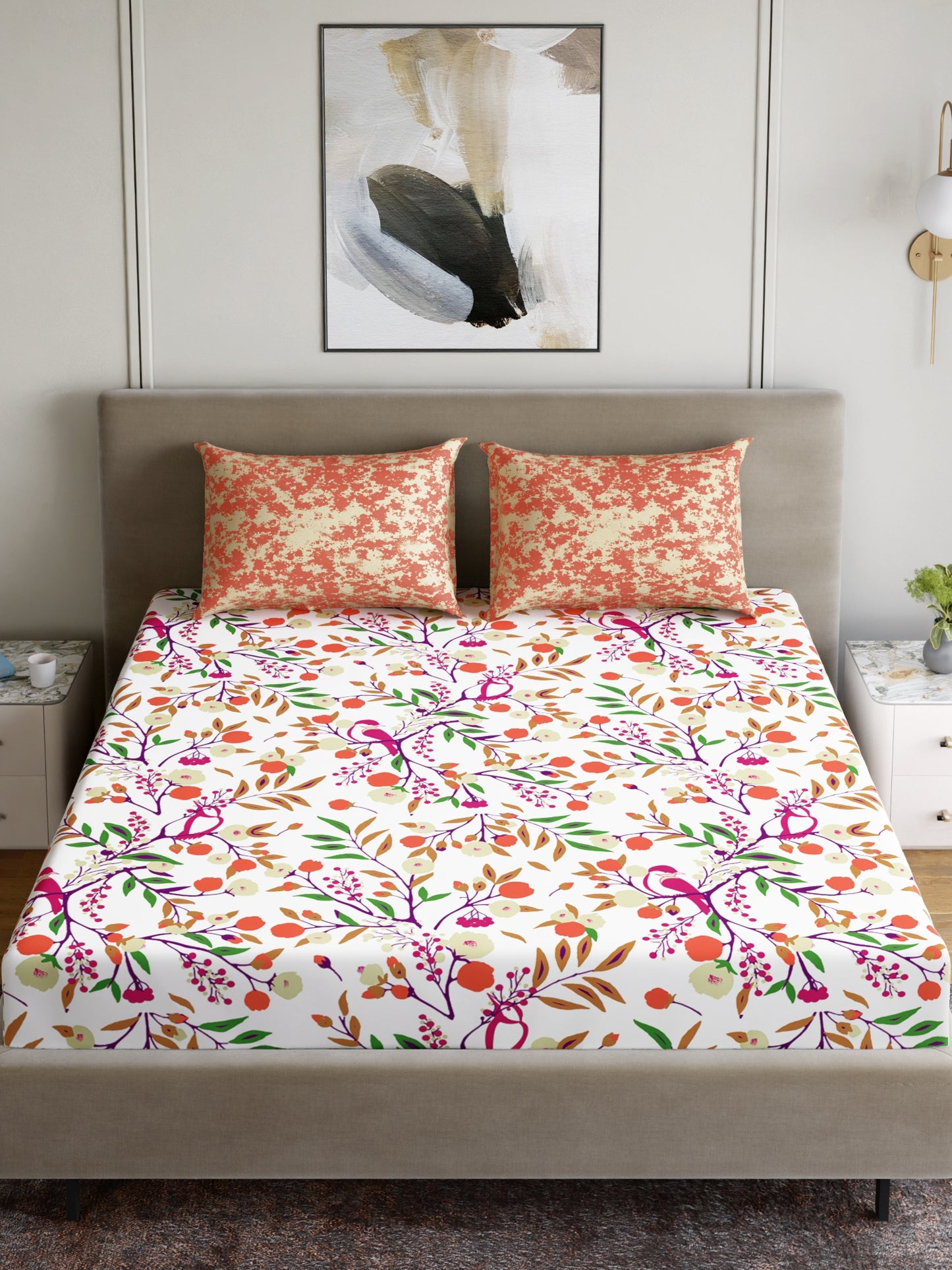Dreamscape 100% Cotton 180 TC Floral Bedsheet Set - Colour: Orange