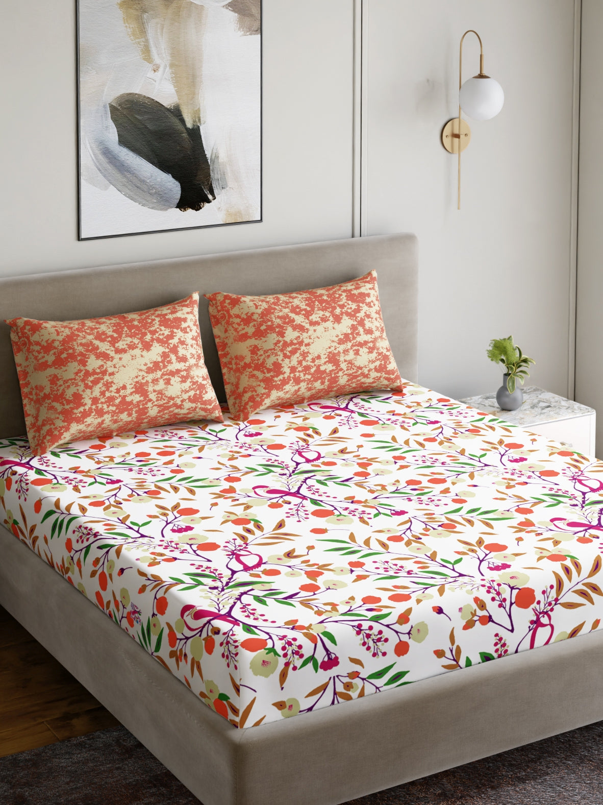 Dreamscape 100% Cotton 180 TC Floral Bedsheet Set - Colour: Orange