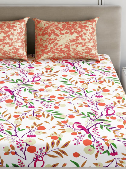 Dreamscape 100% Cotton 180 TC Floral Bedsheet Set - Colour: Orange