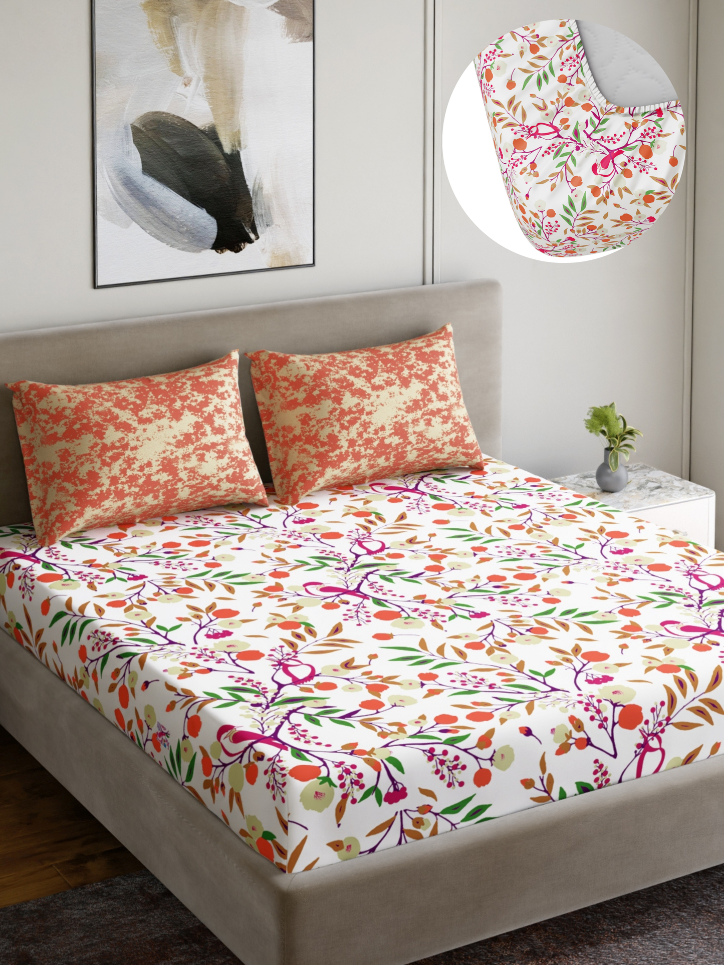 Dreamscape 100% Cotton 180 TC Floral Bedsheet Set - Colour: Orange