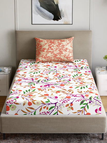 Dreamscape 100% Cotton 180 TC Floral Bedsheet Set - Colour: Orange