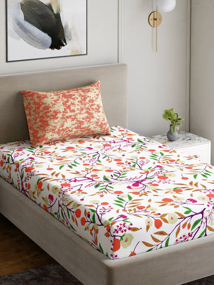 Dreamscape 100% Cotton 180 TC Floral Bedsheet Set - Colour: Orange