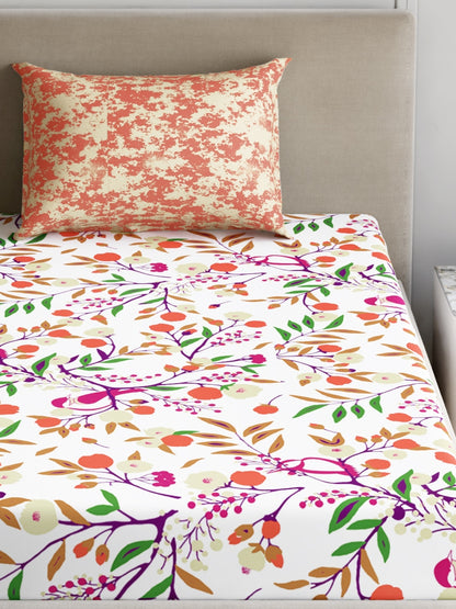 Dreamscape 100% Cotton 180 TC Floral Bedsheet Set - Colour: Orange