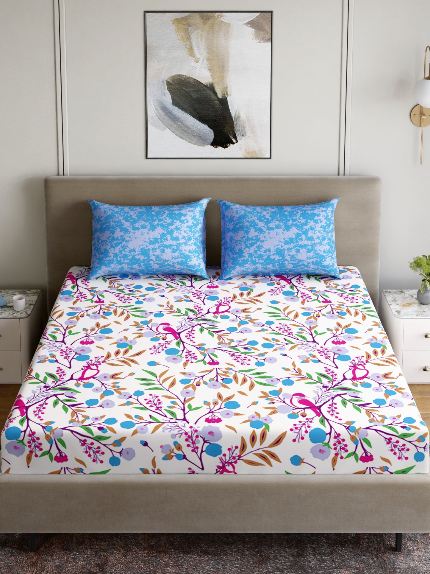 Dreamscape 100% Cotton 180 TC Floral Bedsheet Set - Colour: Blue