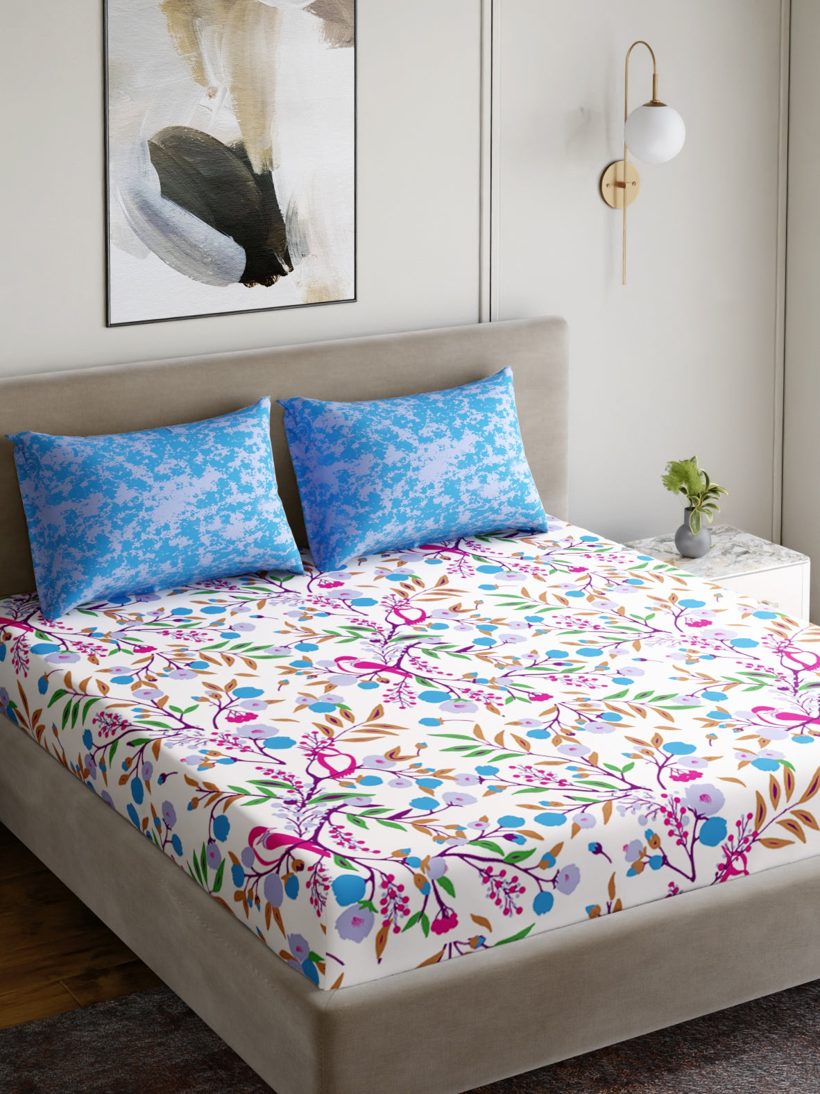 Dreamscape 100% Cotton 180 TC Floral Bedsheet Set - Colour: Blue