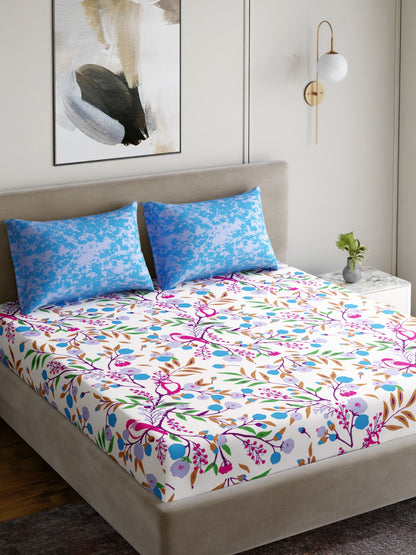 Dreamscape 100% Cotton 180 TC Floral Bedsheet Set - Colour: Blue