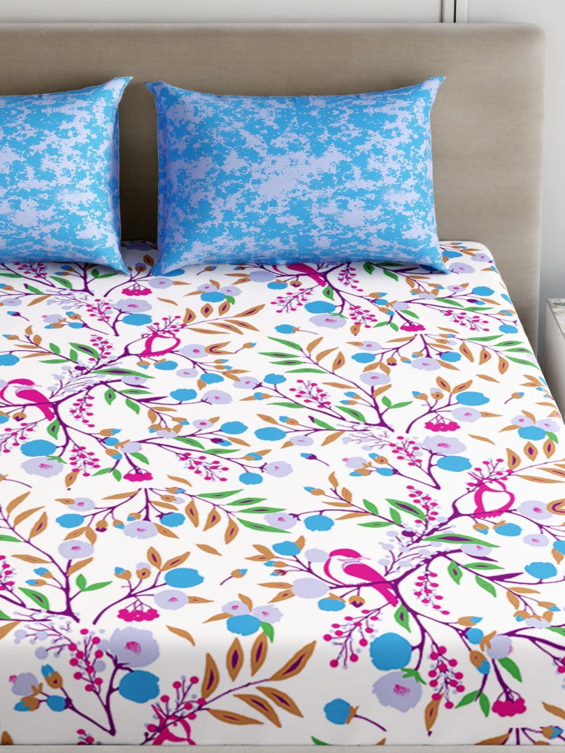 Dreamscape 100% Cotton 180 TC Floral Bedsheet Set - Colour: Blue