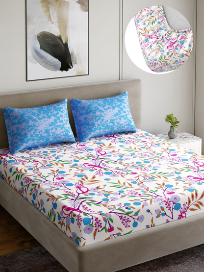 Dreamscape 100% Cotton 180 TC Floral Bedsheet Set - Colour: Blue