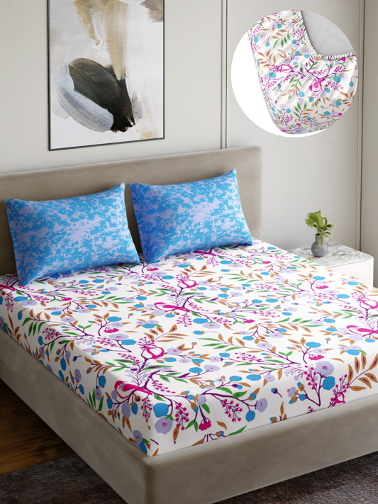 Dreamscape 100% Cotton 180 TC Floral Bedsheet Set - Colour: Blue