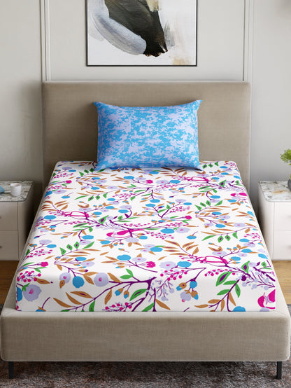 Dreamscape 100% Cotton 180 TC Floral Bedsheet Set - Colour: Blue