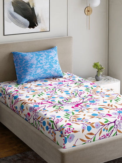 Dreamscape 100% Cotton 180 TC Floral Bedsheet Set - Colour: Blue