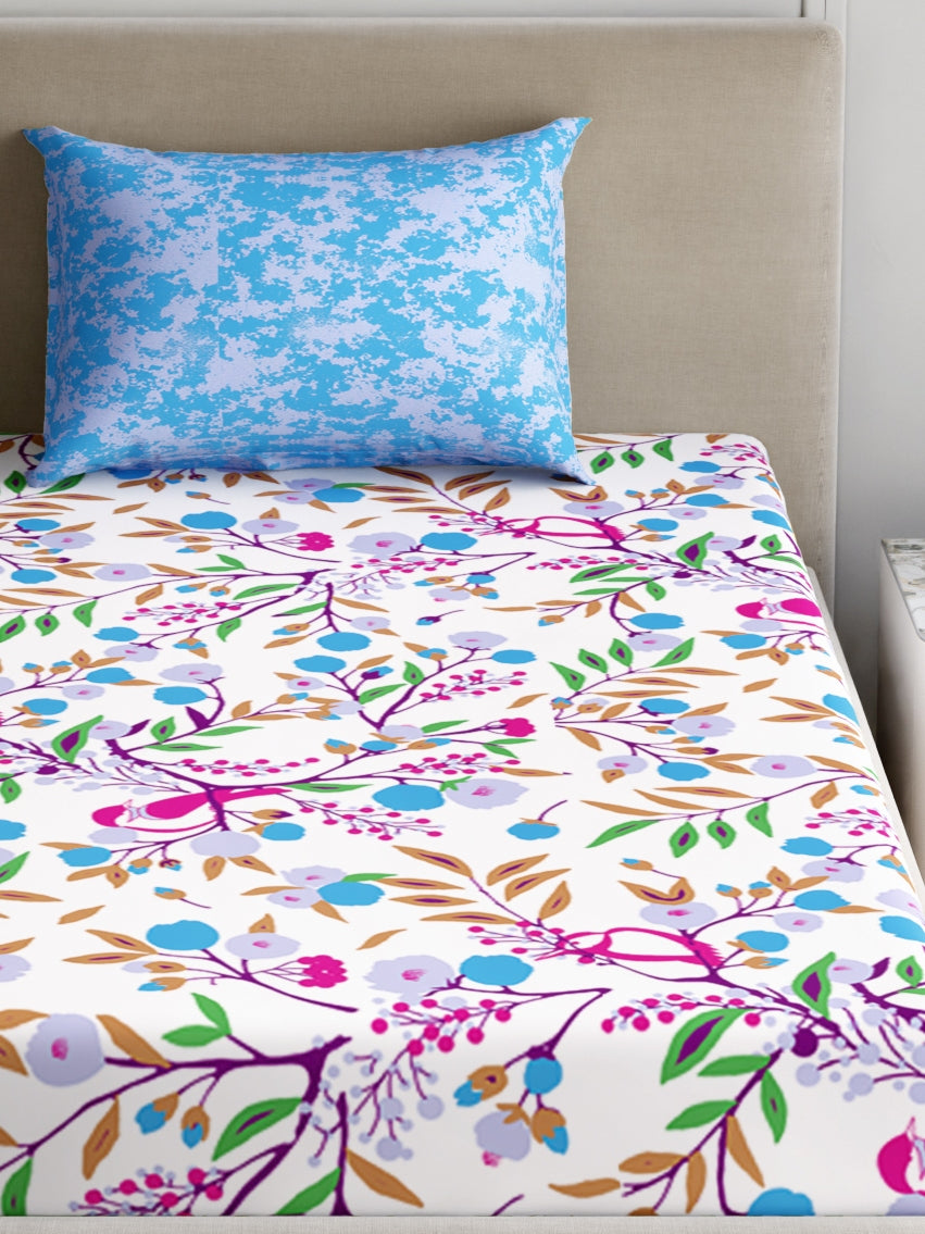 Dreamscape 100% Cotton 180 TC Floral Bedsheet Set - Colour: Blue