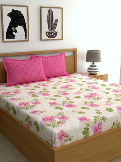 Dreamscape 100% Cotton 180 TC Floral Bedsheet Set - Colour: Pink