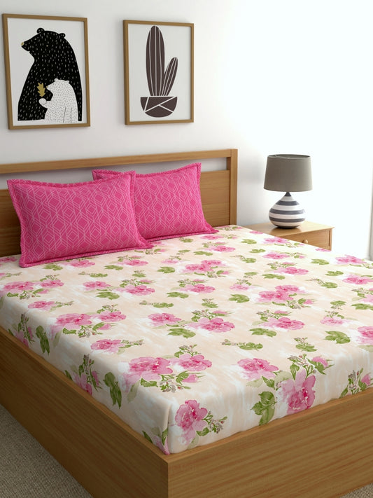 Dreamscape 100% Cotton 180 TC Floral Bedsheet Set - Colour: Pink