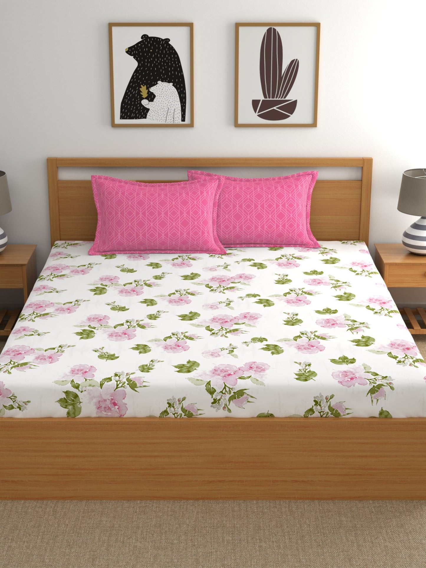 Dreamscape 100% Cotton 180 TC Floral Bedsheet Set - Colour: Pink