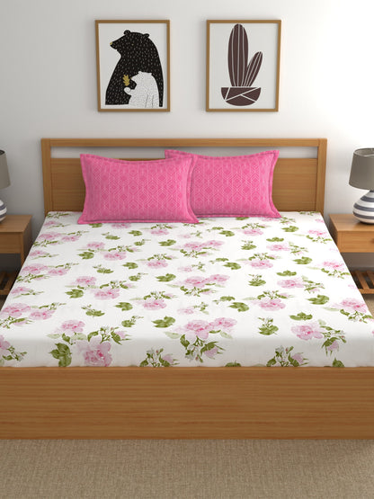 Dreamscape 100% Cotton 180 TC Floral Bedsheet Set - Colour: Pink
