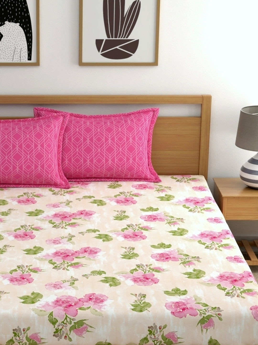 Dreamscape 100% Cotton 180 TC Floral Bedsheet Set - Colour: Pink