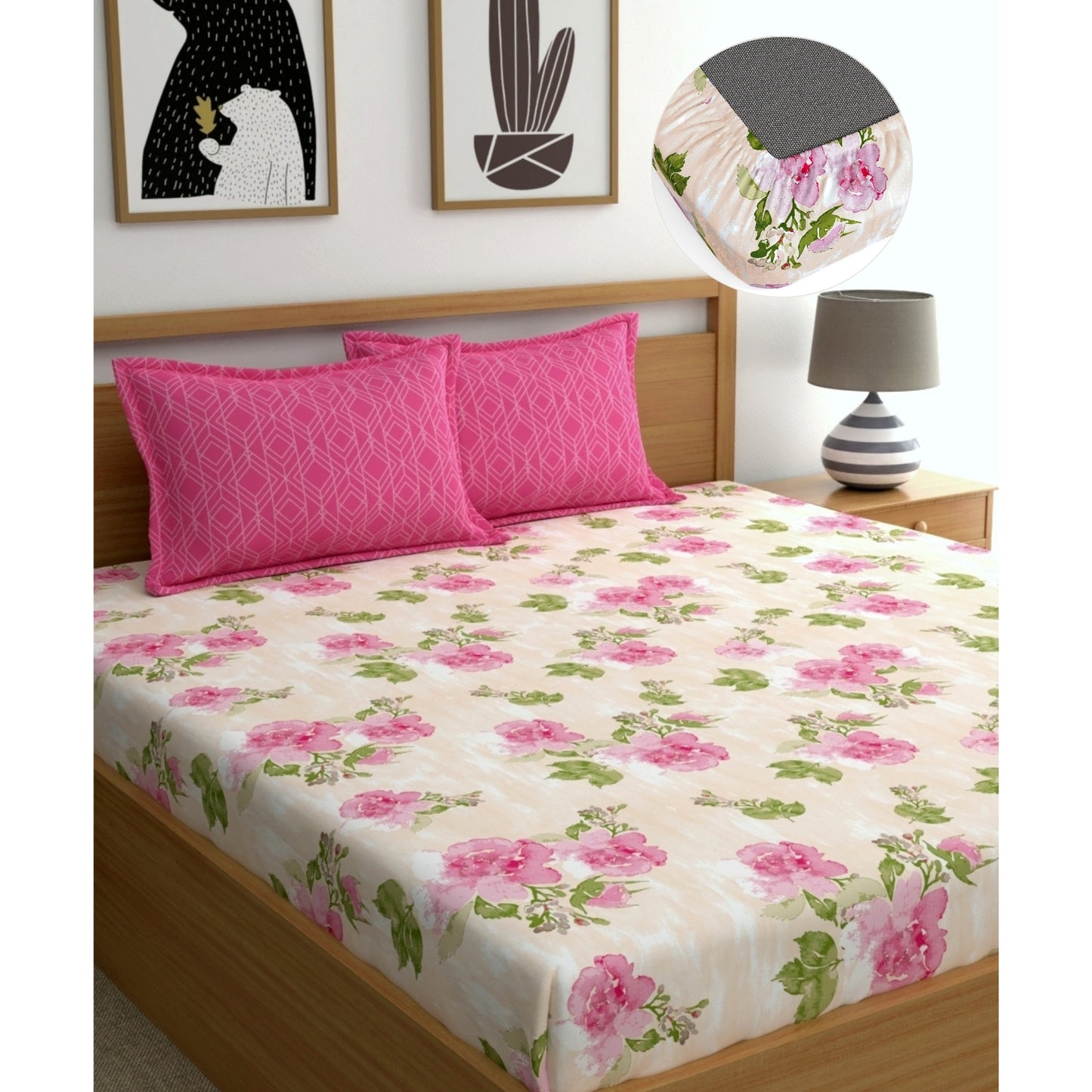Dreamscape 100% Cotton 180 TC Floral Bedsheet Set - Colour: Pink