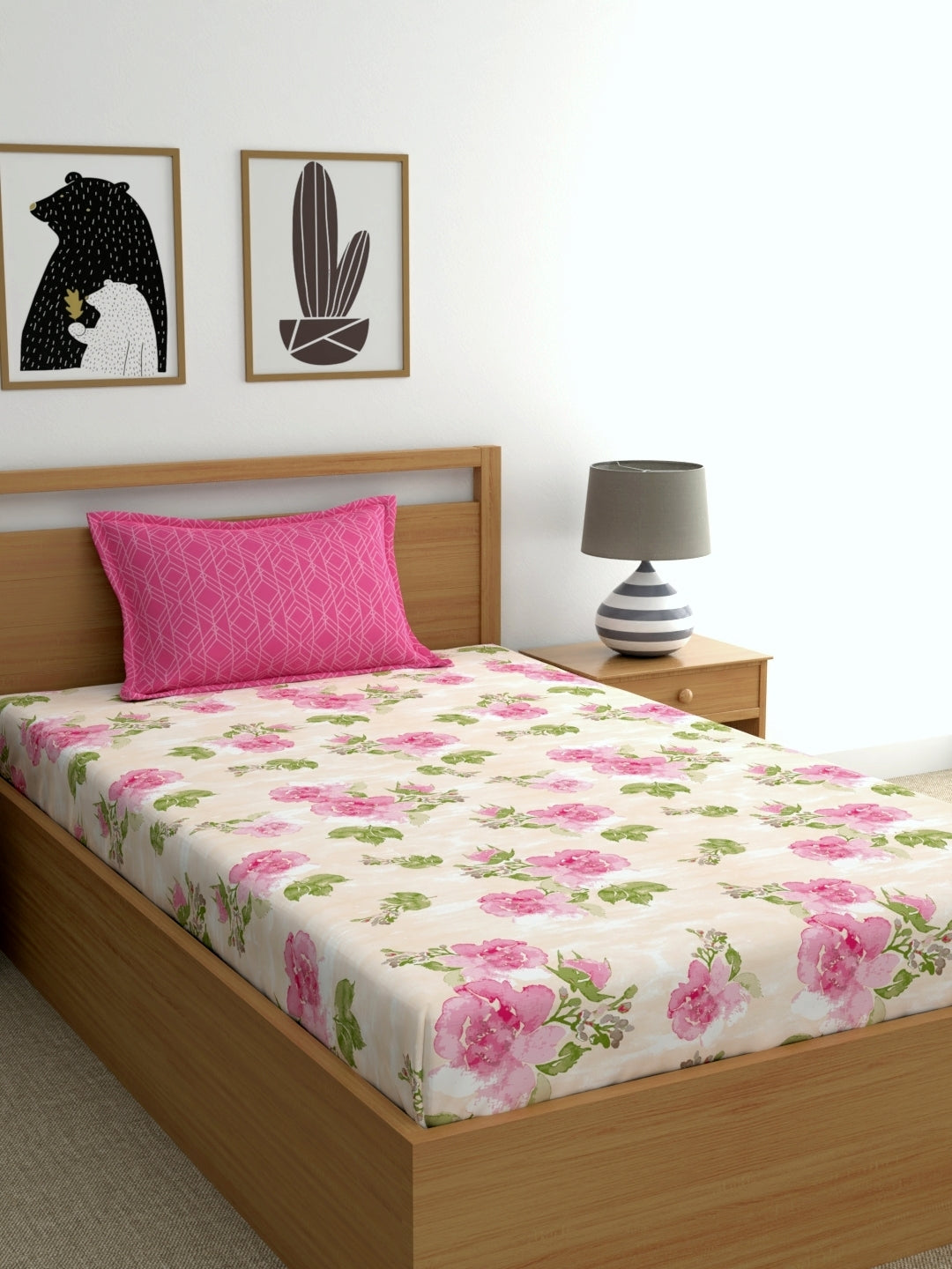 Dreamscape 100% Cotton 180 TC Floral Bedsheet Set - Colour: Pink